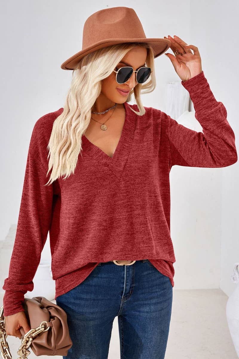 CWTBLL2685_AUTUMN V-NECK LONG SLEEVE SOLID COLOR TOP