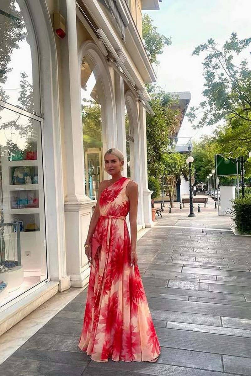 OFF-SHOULDER WAIST-TIED SWING PRINT DRESSCWDMD947