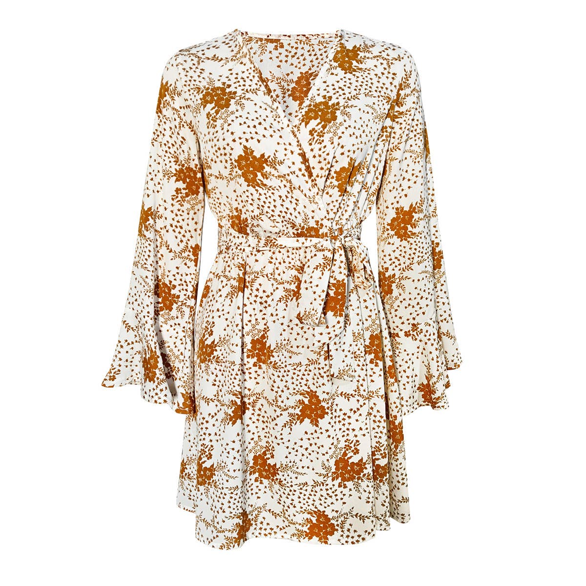 Flared sleeve V-neck printed long-sleeved dress