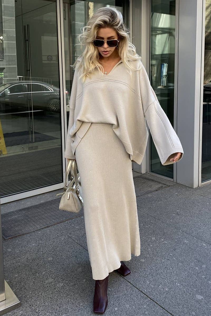 CWSS0750_KNITTED V-NECK LONG SLEEVE SWEATER SKIRT SET