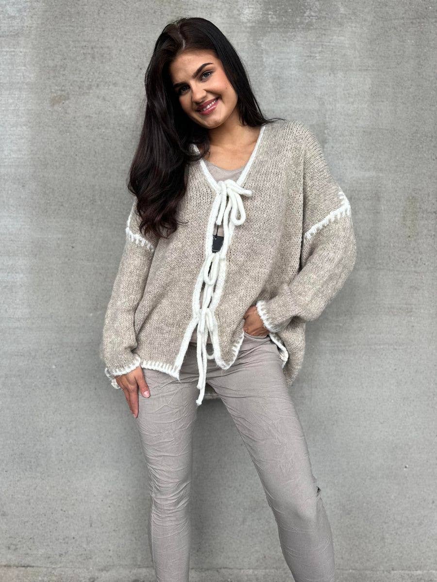 Color-blocking bow knitted cardigan