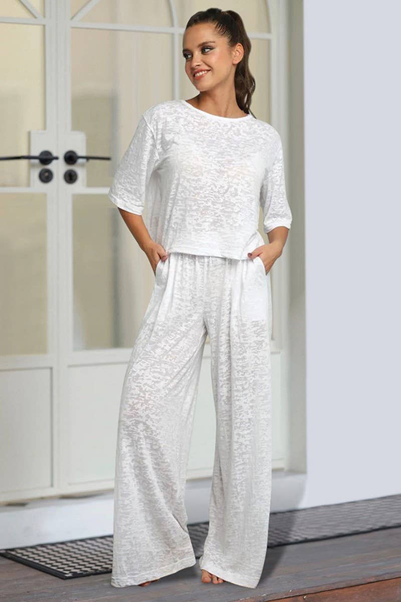 CWSPJ0205_SOLID COLOR KNITTED HOME PAJAMAS TWO-PIECE SET