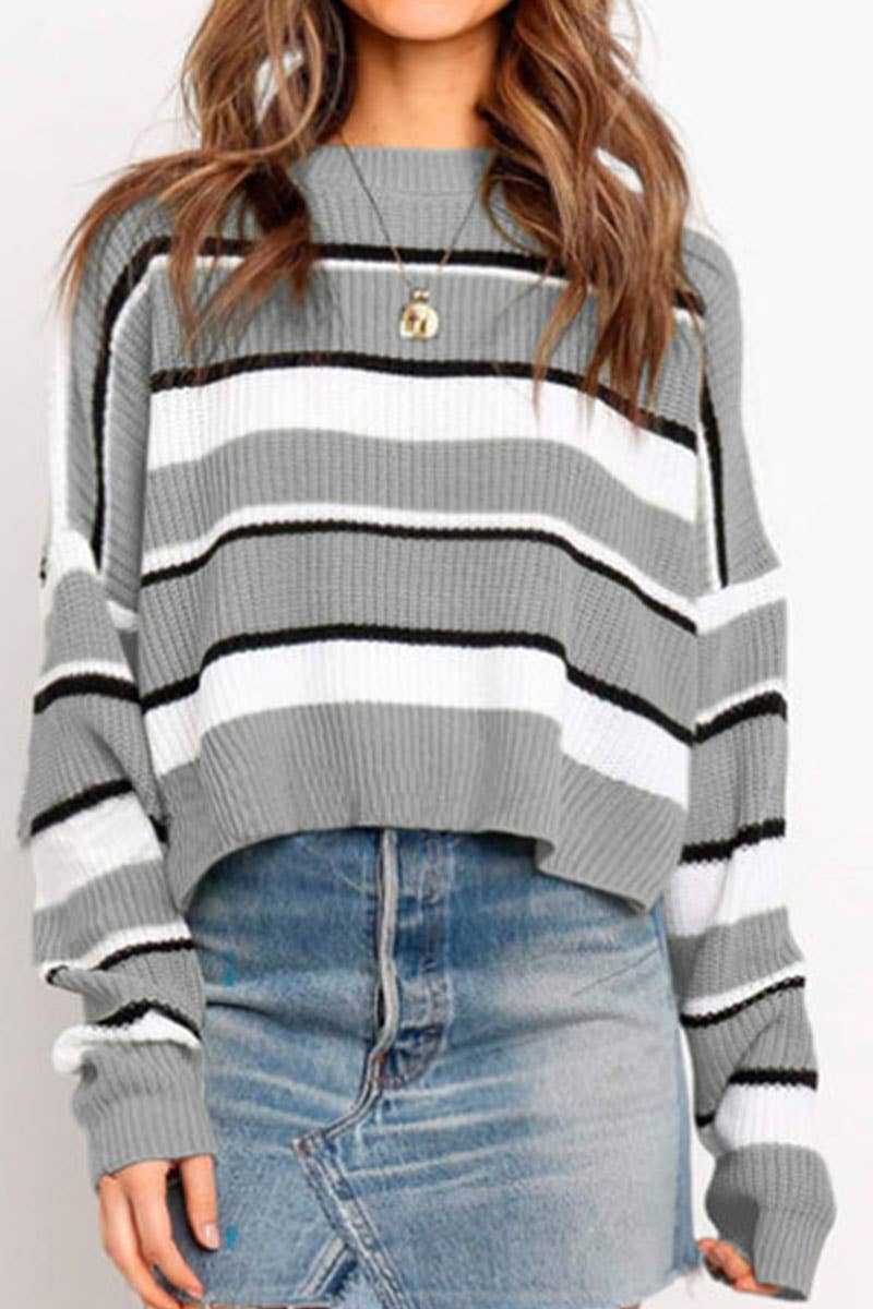 Crew-neck loose striped color-matching sweater