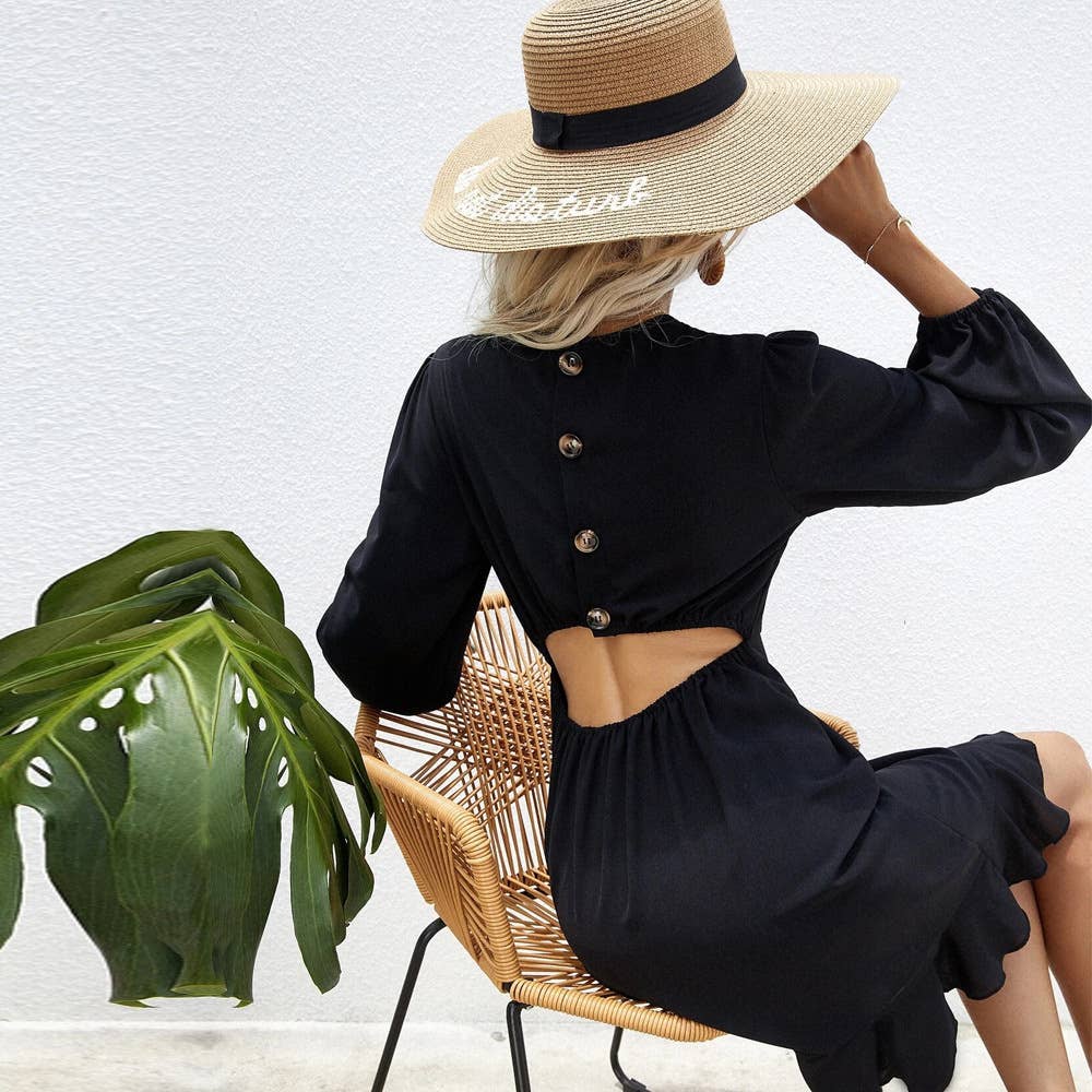 CUT-OUT SINGLE BREASTED WAIST LONG-SLEEVED DRESS