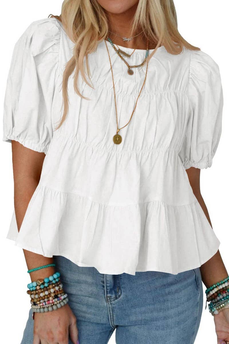CWTBLS02490_2025 SUMMER PUFF SLEEVE LOOSE A-LINE BLOUSE