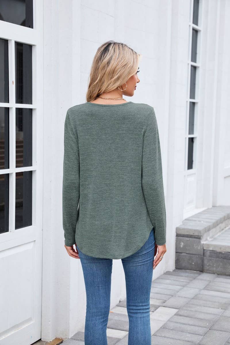 CWTBLL01303_V NECK RUCHED LONG SLEEVE CASUAL LOOSE TEE