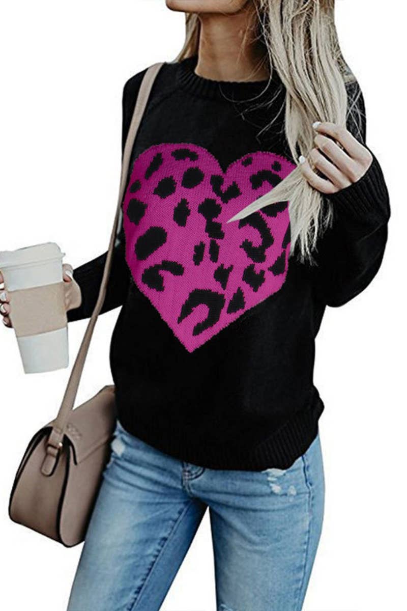 CWOSWL5177_WINTER LEOPARD PRINT LOVE LONG-SLEEVED SWEATER