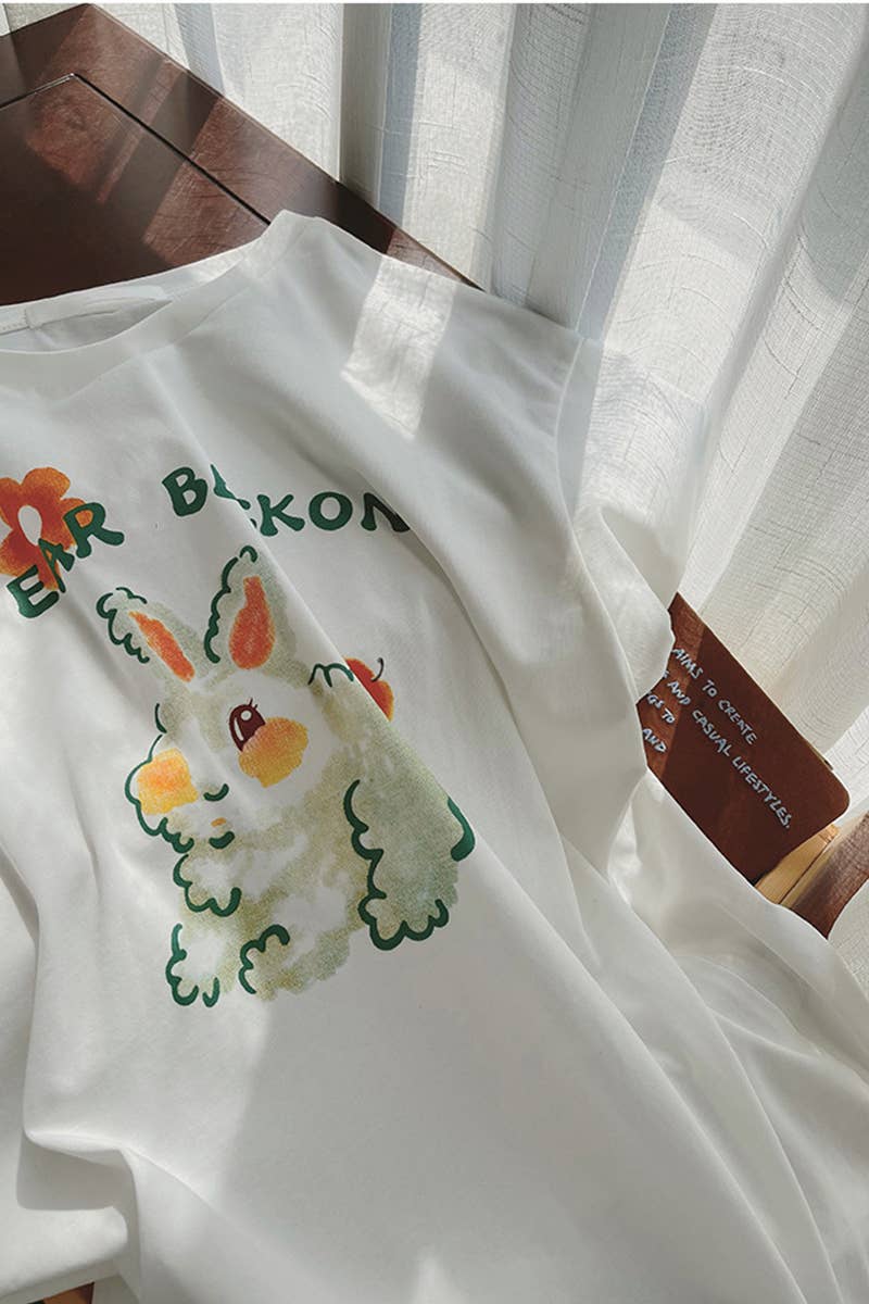 CWTTS1002_CUTE BUNNY PRINT CREW NECK T SHIRT