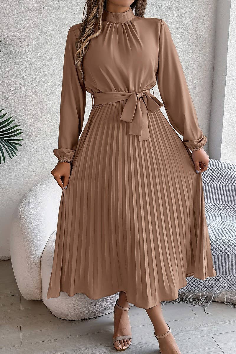 CWDMD3430_TIE STAND COLLAR PLEATED MAXI DRESS