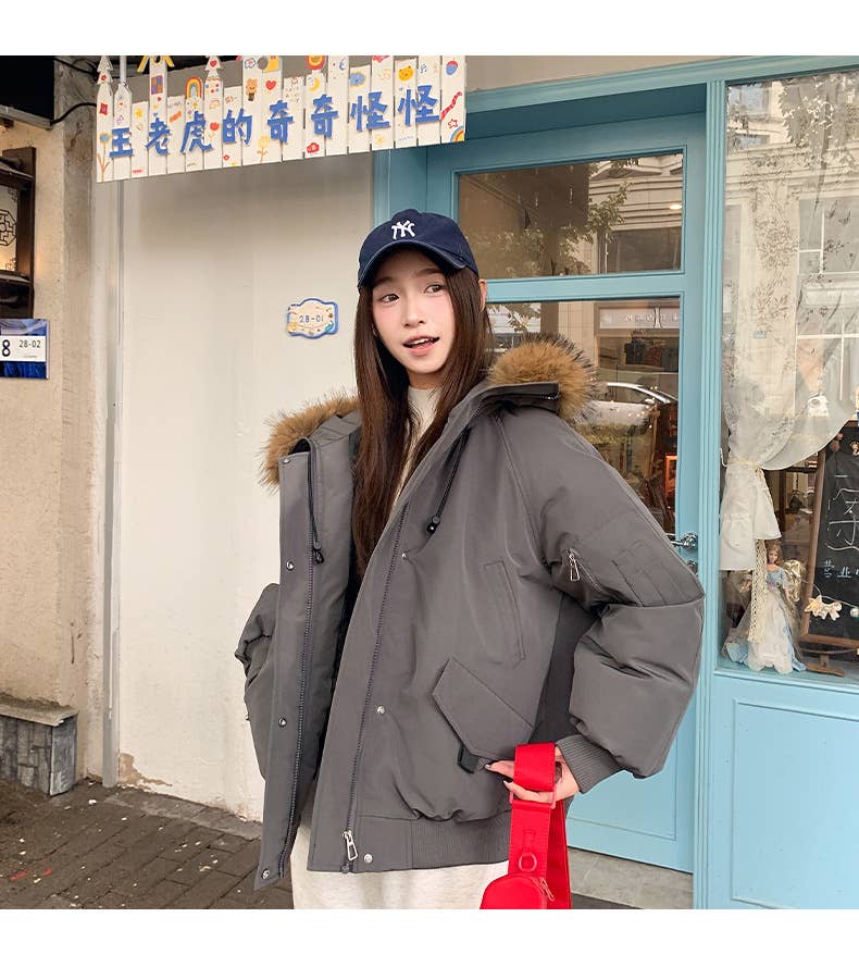 American retro hooded wool-neck coat