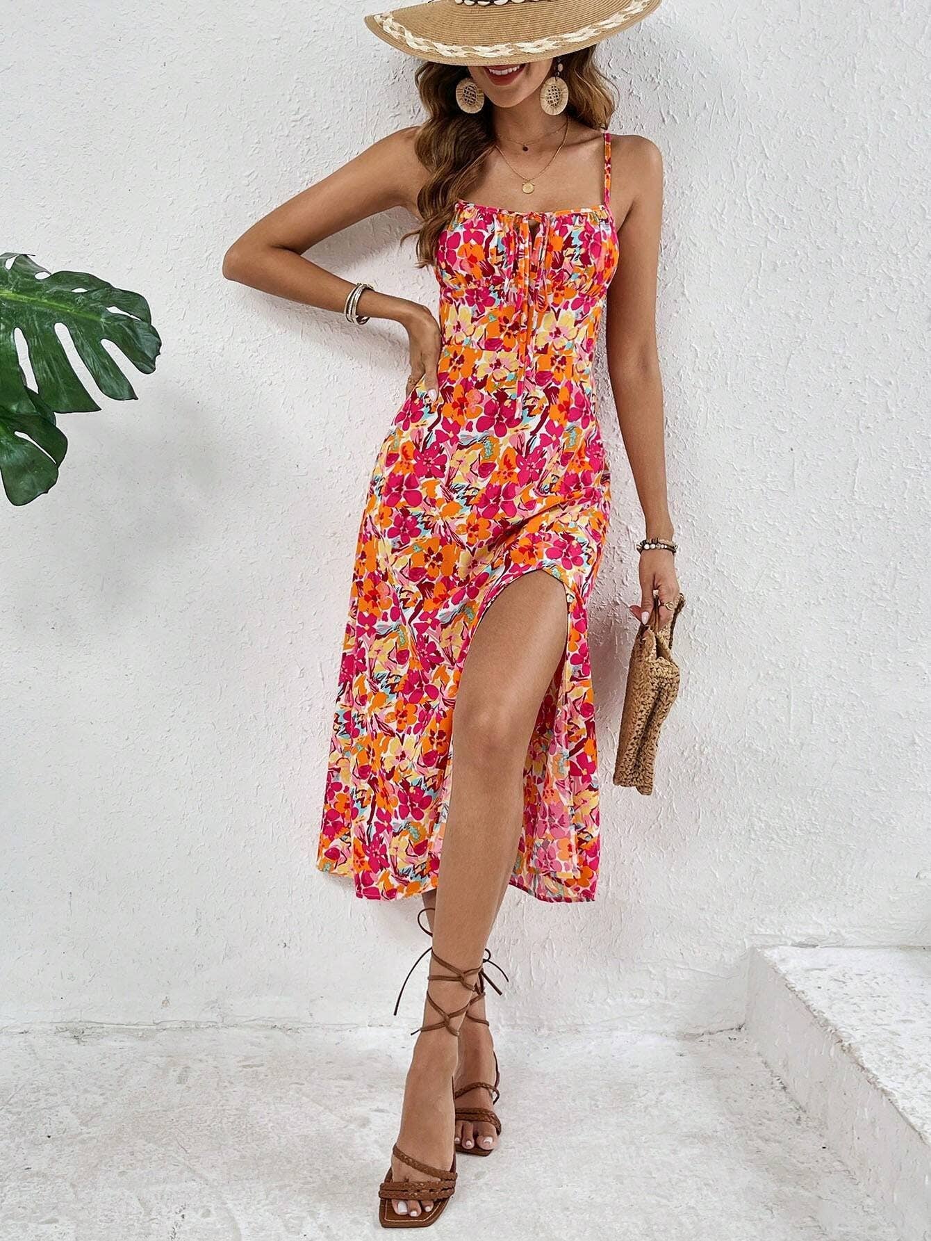 Casual vacation style printed halter slit dress