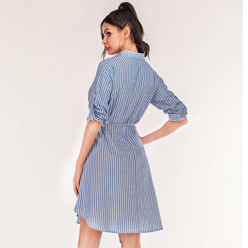 Casual mid-length dress with belted blue stripes