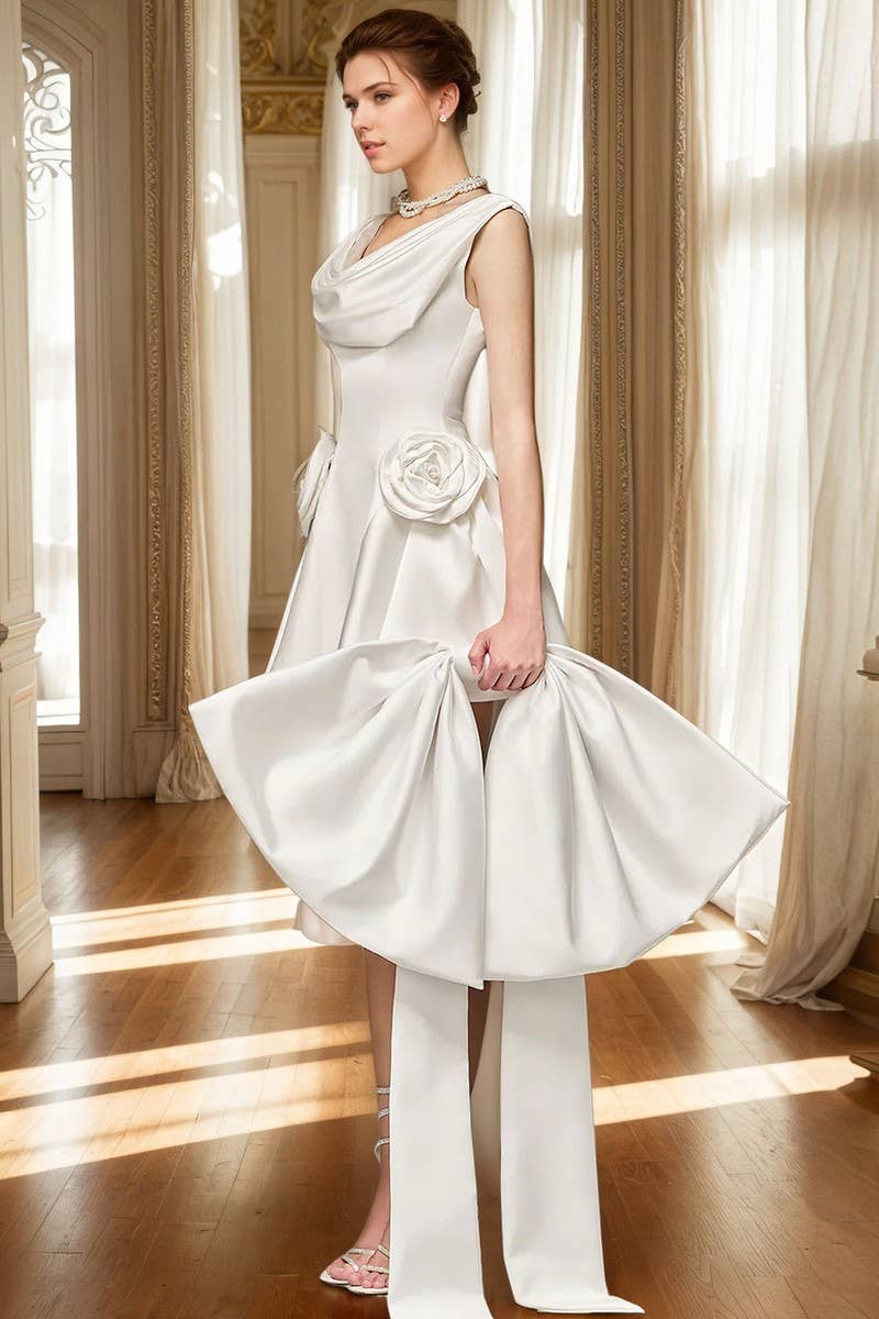 CWDSD8821_SATIN FLORAL APPLIQU? WAIST PLEATED DRESS