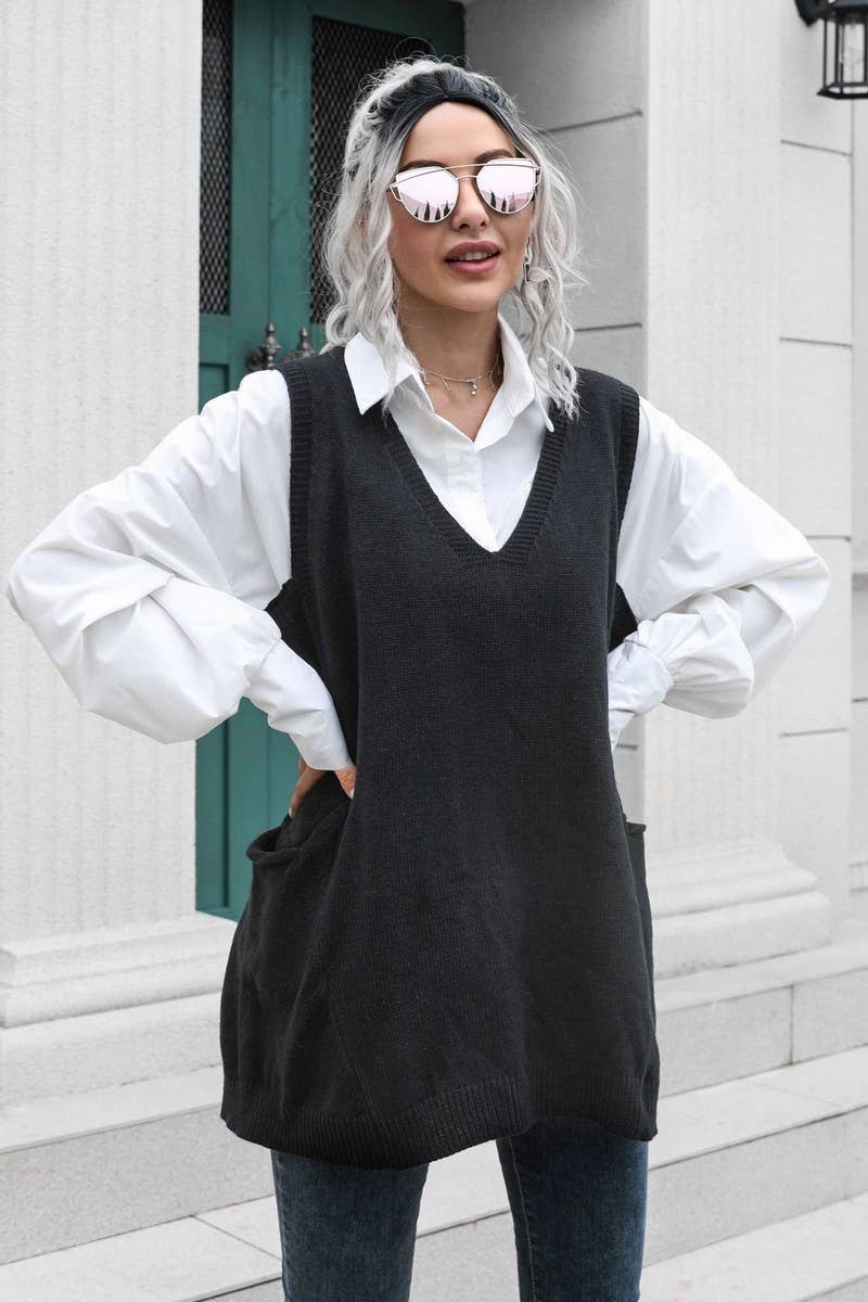 CWOV0691_V-NECK MID-LENGTH VEST LOOSE SWEATER VEST