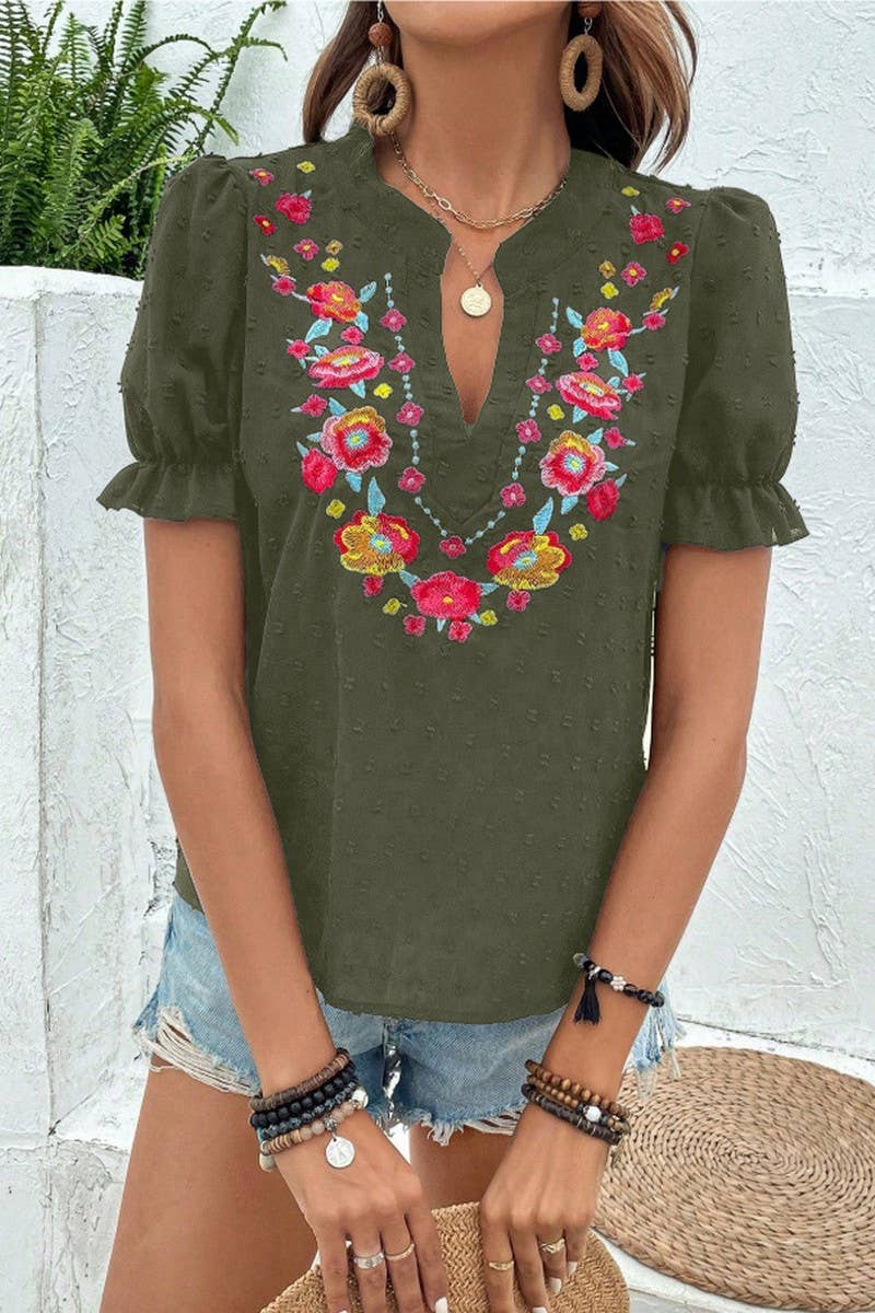 CWTBLS2270_V-NECK FLORAL EMBROIDERED PUFF SLEEVE CHIFFON TOP