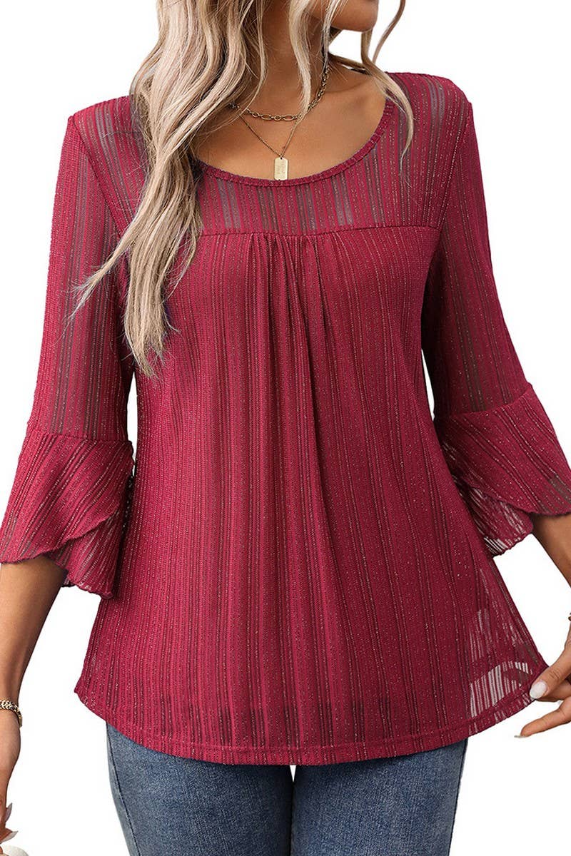CWTBLL3696_ROUND NECK RUFFLE SLEEVE GLITTER MESH TOP