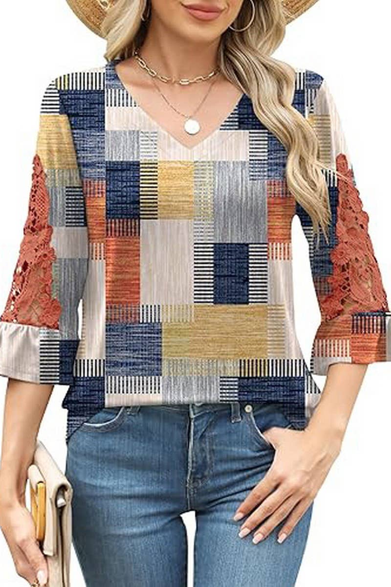 CWTBLL3901_LACE RUFFLE SLEEVE V-NECK PRINT TOP