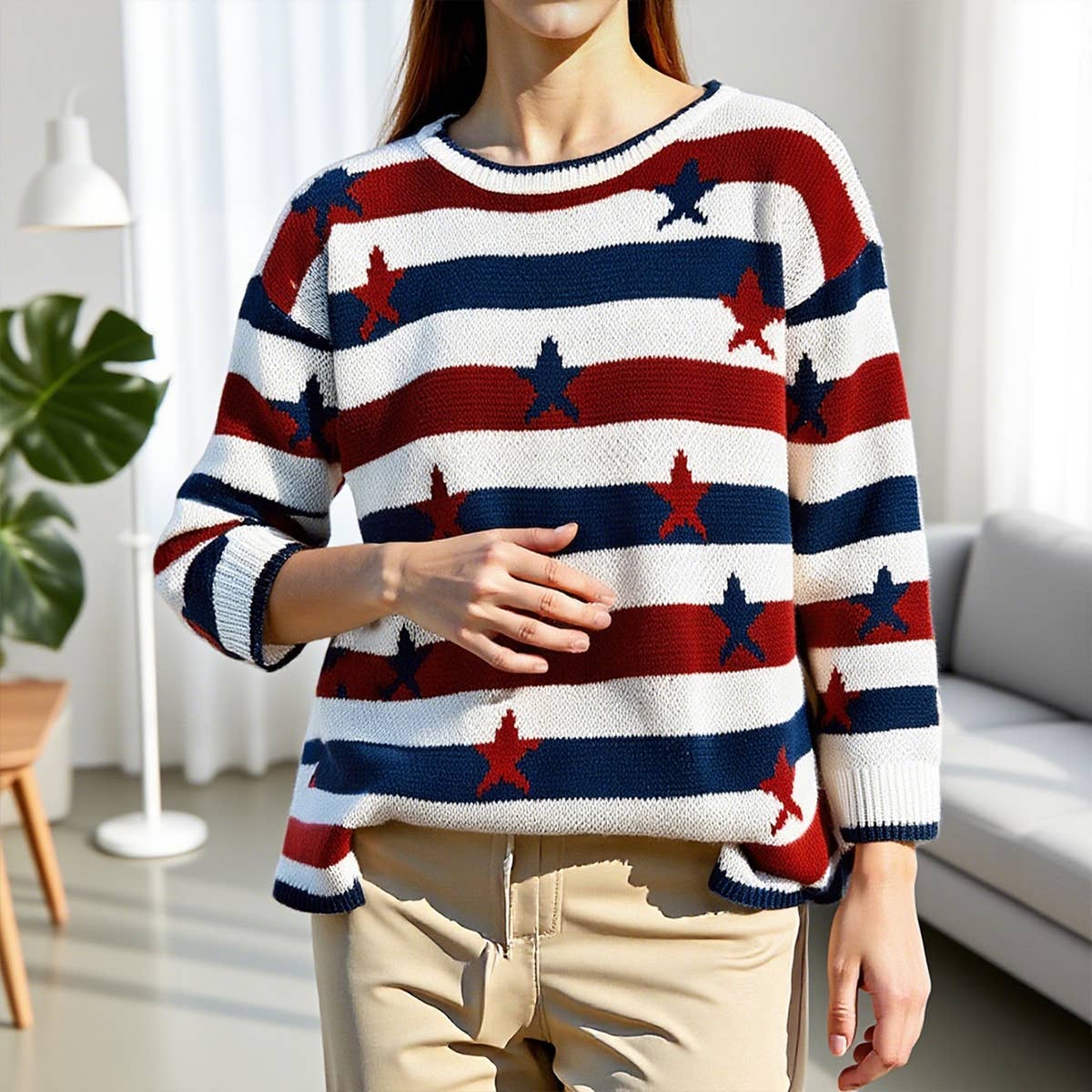 Fashionable flag print loose striped sweater
