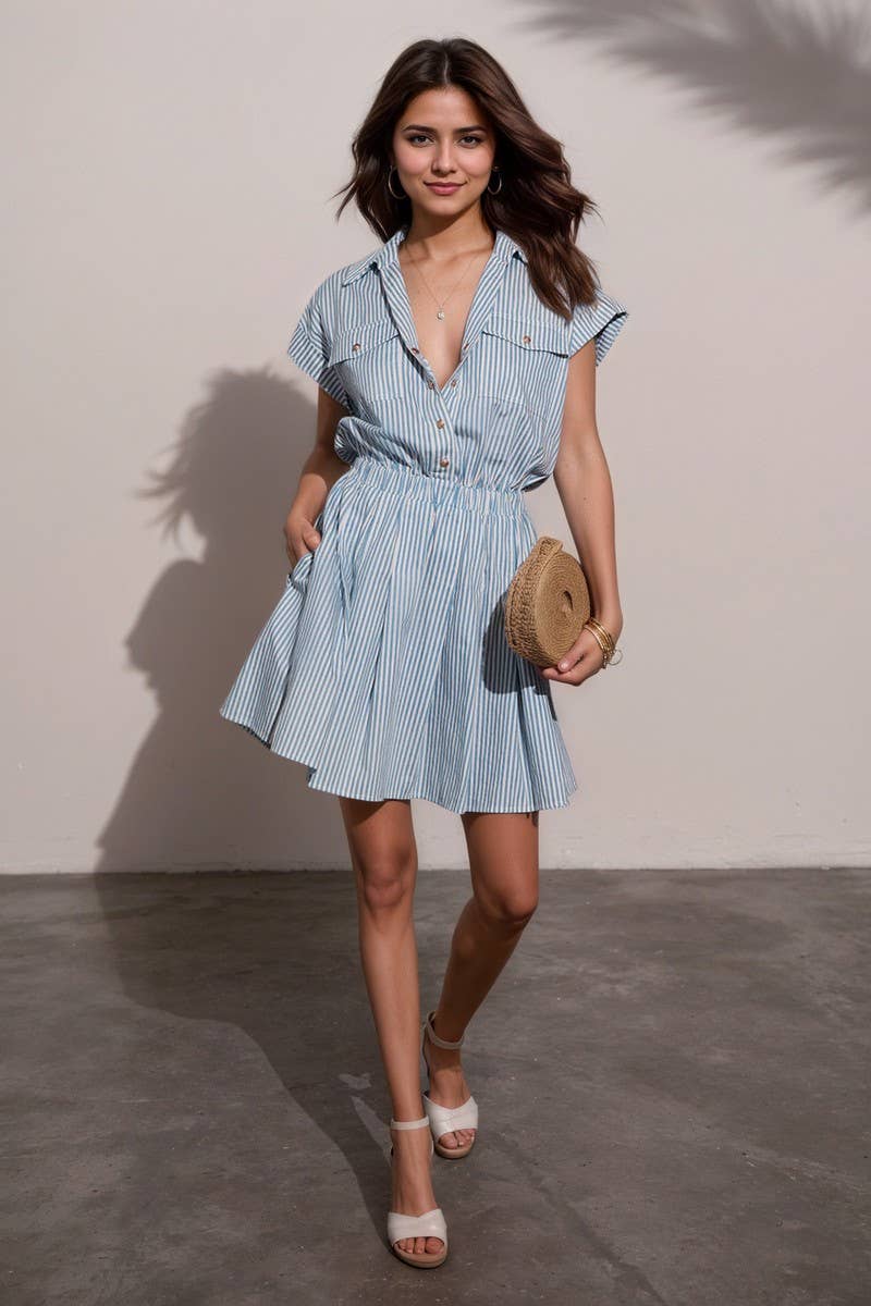 CWTDSS0075_BLUE STRIPED COLLARED FITTED MINI SHIRT DRESS