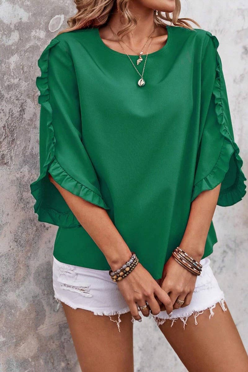 CWTBLS2263_LACE TRIM CREW NECK 3/4 SLEEVE ASYMMETRICAL TOP