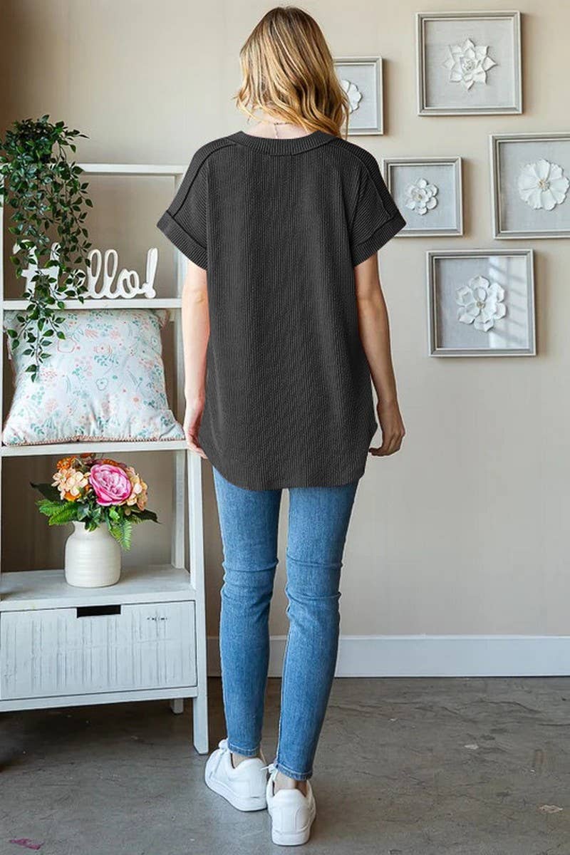CWTBLS1500_V-NECK RIBBED JACQUARD KNIT SHORT-SLEEVED T-SHIRT