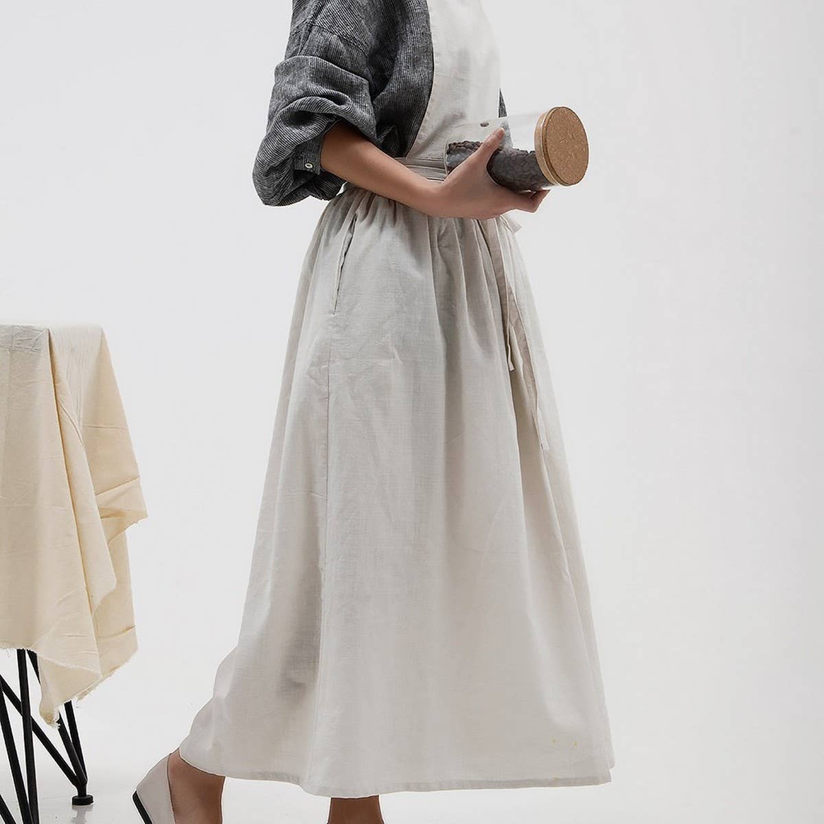 Pleated thin linen Apron with pockets vintage_CWMM3309