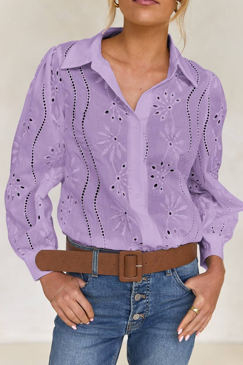 CWTSTL01000_CASUAL LOOSE HOLLOW OUT PUFF SLEEVE  TOP