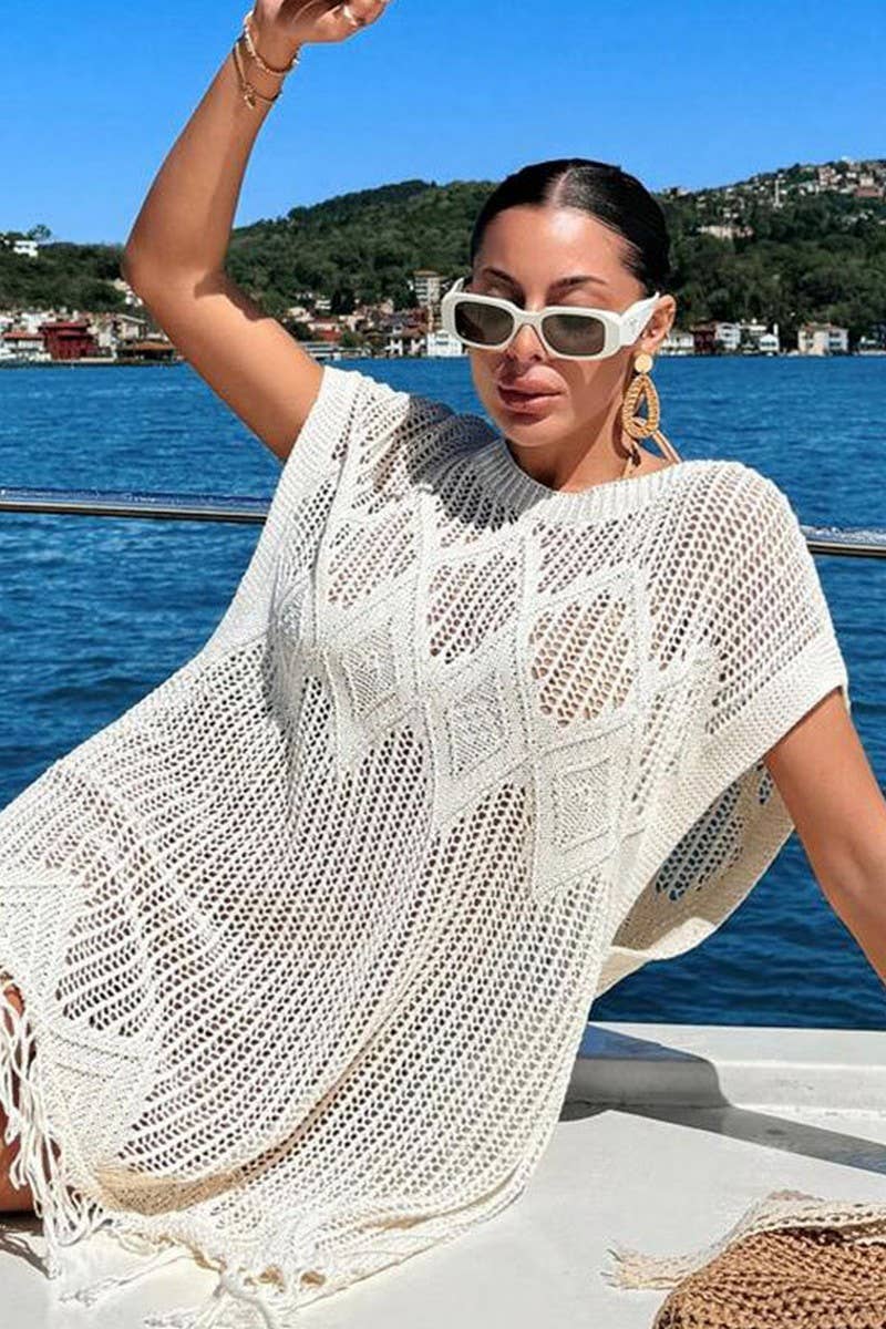 CWTBLS1694_HOLLOW KNIT LOOSE TASSEL SEASIDE HOLIDAY DRESS