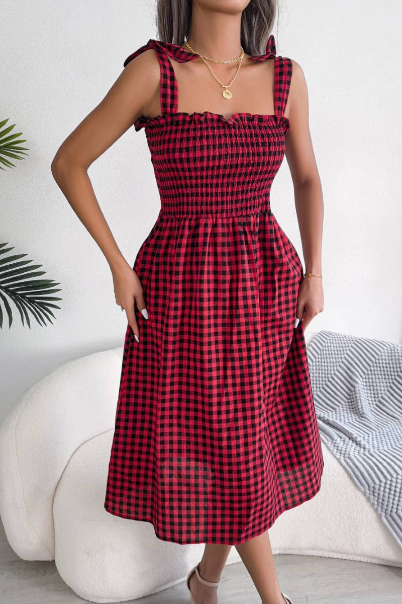 CWDHL0520_SUMMER CASUAL LACE-UP PLAID DRESS MID-LENGTH
