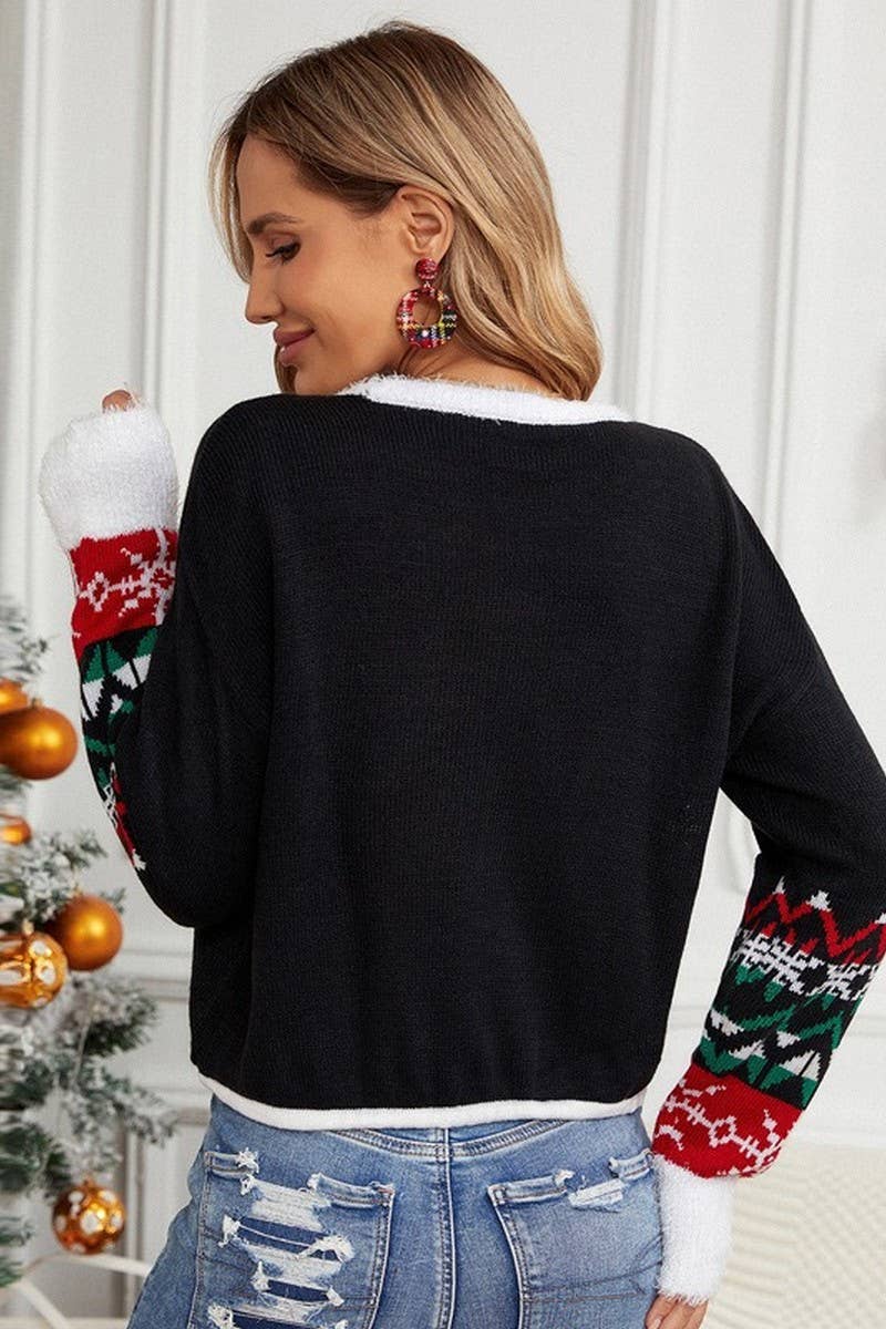 CWOSWL2492_KITTEN EMBROIDERED CHRISTMAS CROPPED SWEATER