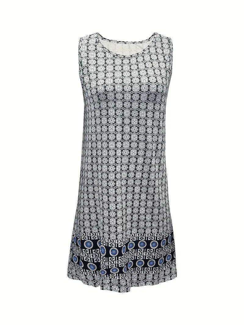 Casual printed round-neck slim short dress