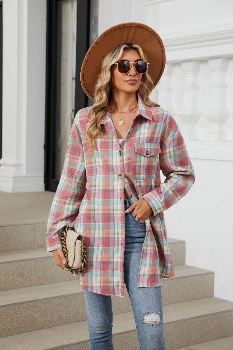CWTBLL3745_AUTUMN AND WINTER STRIPED PLAID BUTTON-DOWN SHIRT