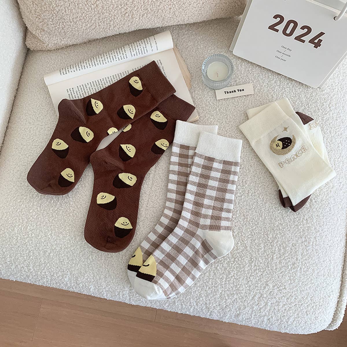 WOMEN BROWN CASUAL PLAID SOCKS