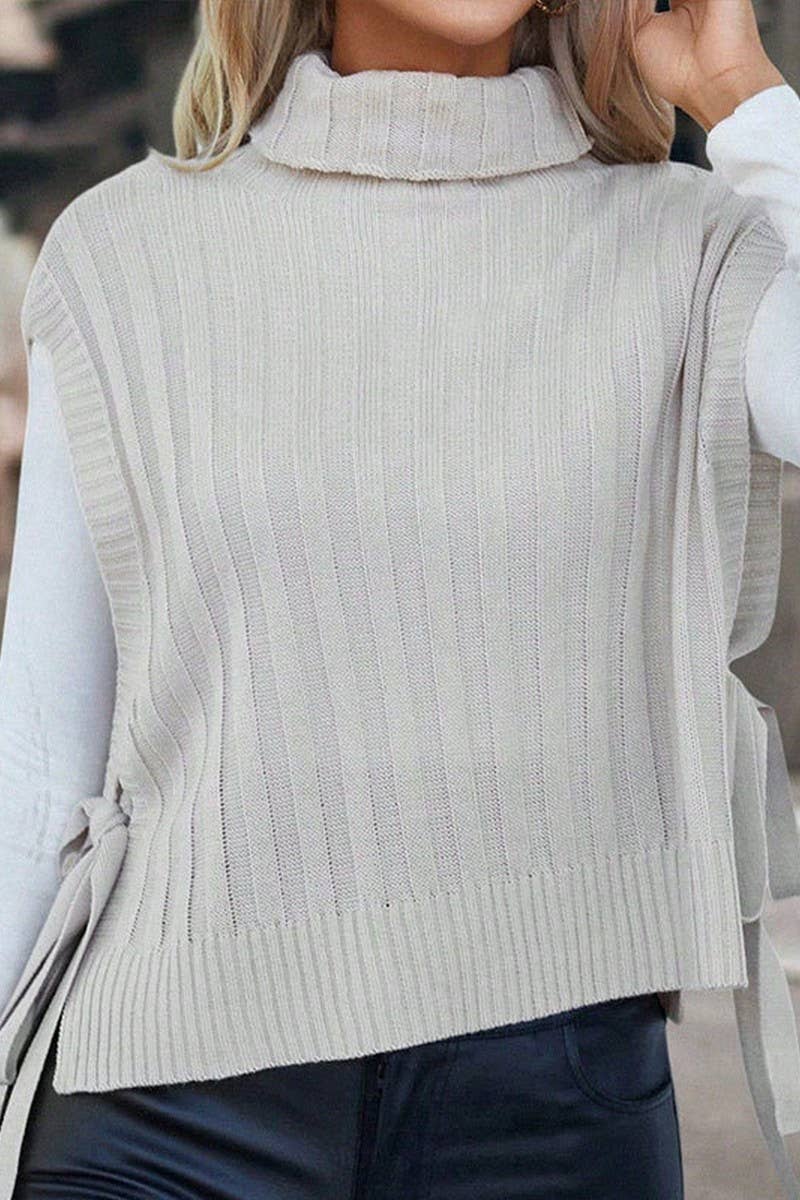 CWOSWSL00158_SOLID TURTLENECK SLEEVELESS SIDE TIE KNIT VEST