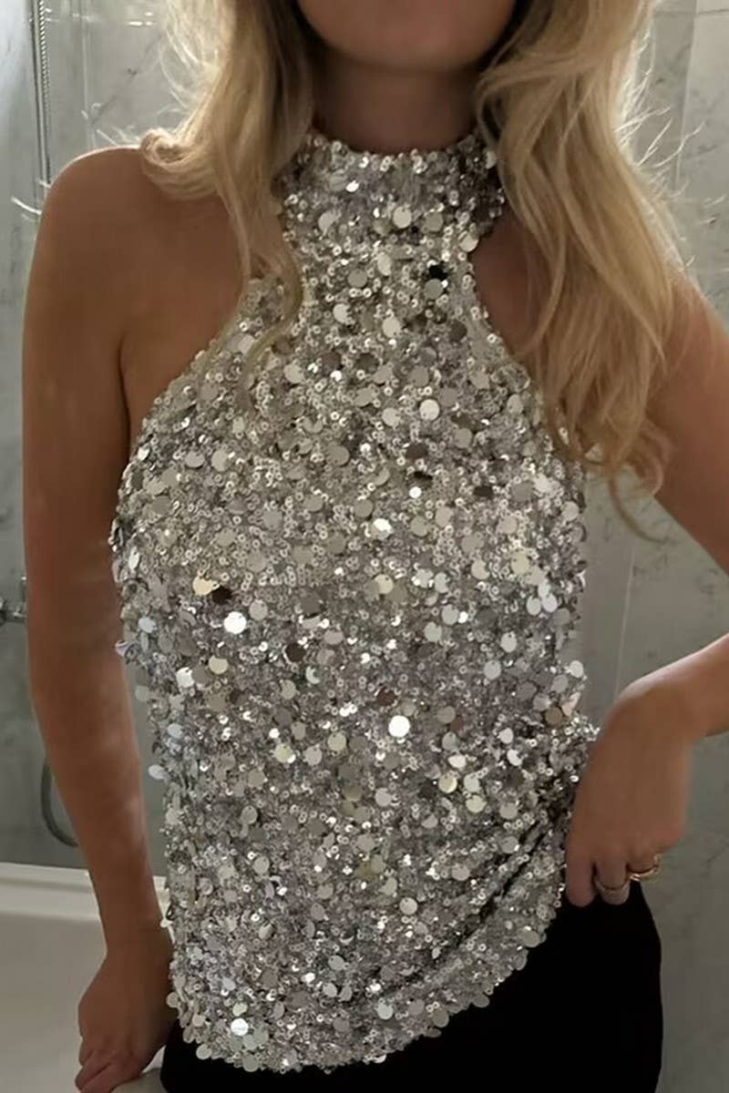 CWTHT0161_SLEEVELESS SEQUINED HALTER NECK PARTY TOP