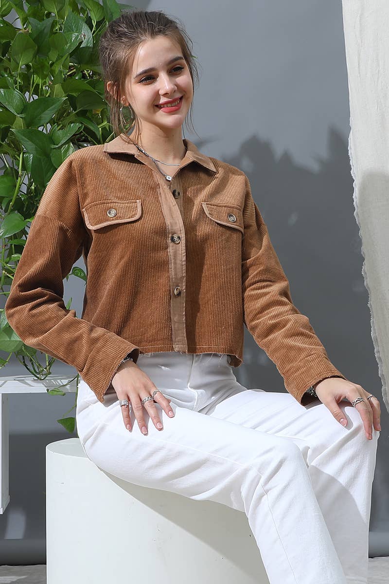 CWOJA703_LONG SLEEVE BUTTONED FRONT POCKETS CASUAL SHACKET