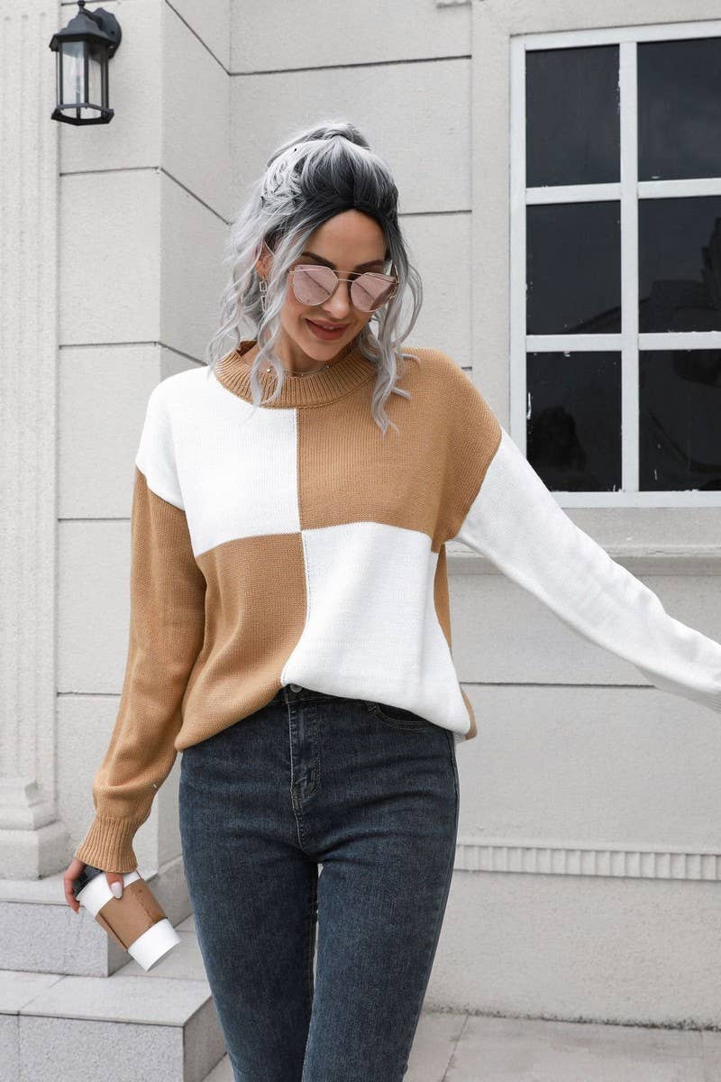 CWOSWL3892_CHECKERBOARD CREW NECK  KNIT PULLOVER SWEATER