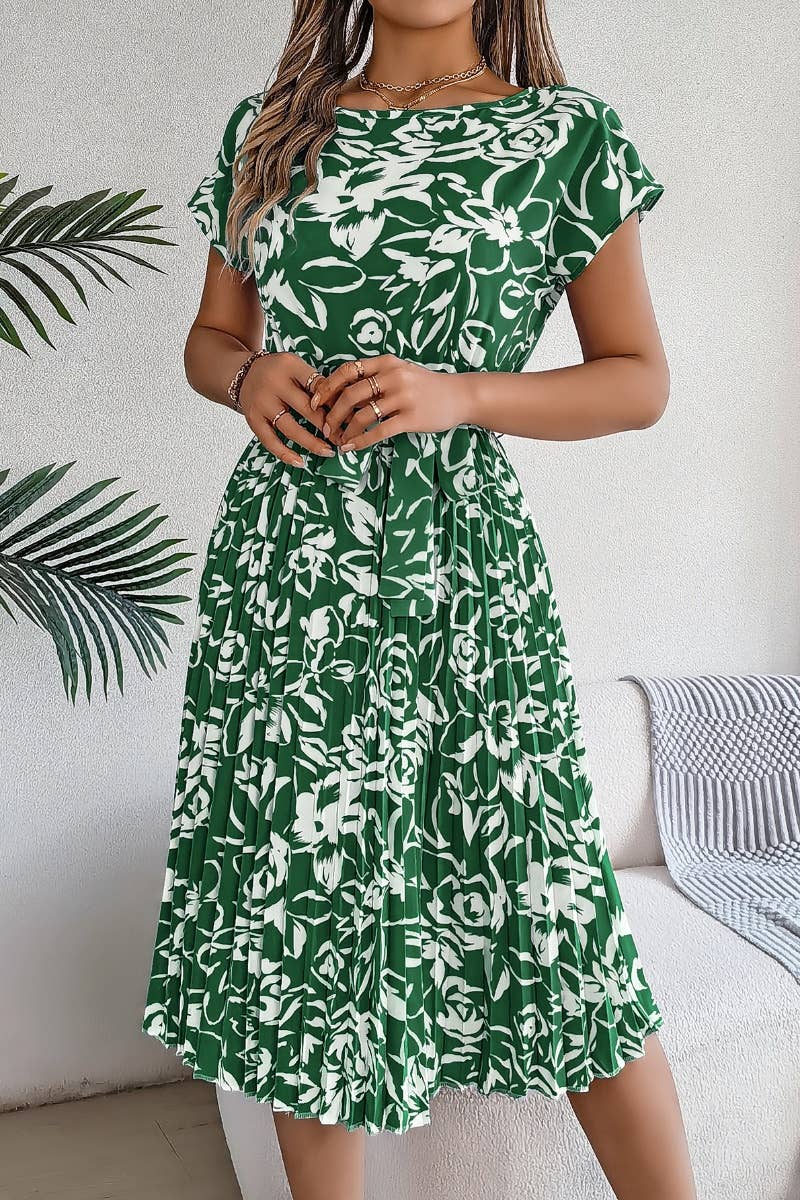 CWDMD2665_SUMMER FLOWER SHORT SLEEVE PLEATED DRESS