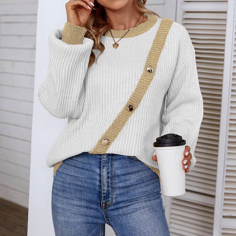 CONTRASTING BUTTON-UP PULLOVER KNITWEAR