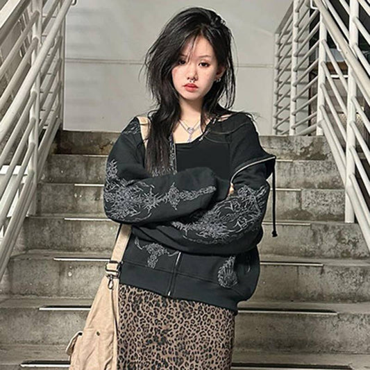 DARK STYLE VINTAGE PRINT LOOSE ZIPPER JACKET