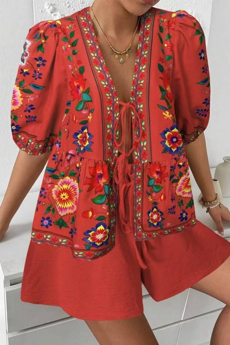 CWSTB2003_FLORAL TIE-FRONT KIMONO TOP & SHORTS SET