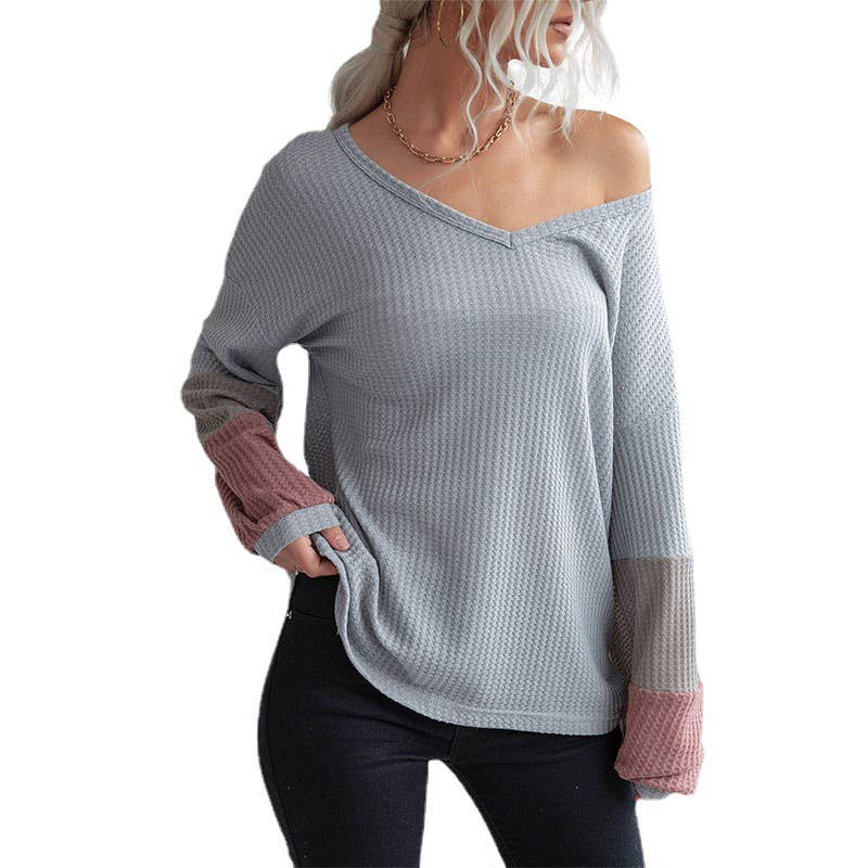 COLOR MATCHING LONG SLEEVE V-NECK SWEATER