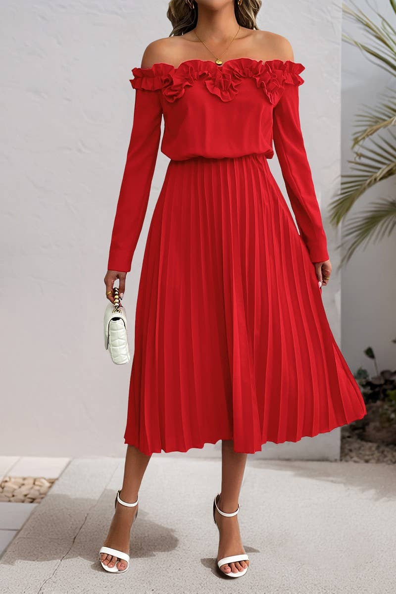 CWDMD6284_SOLID COLOR OFF-SHOULDER LONG SLEEVE DRESS