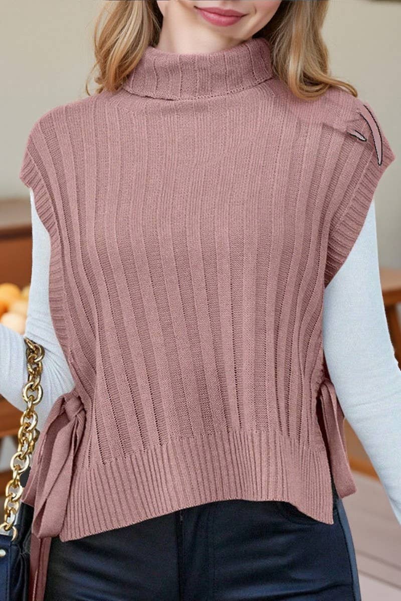 CWOSWSL00158_SOLID TURTLENECK SLEEVELESS SIDE TIE KNIT VEST