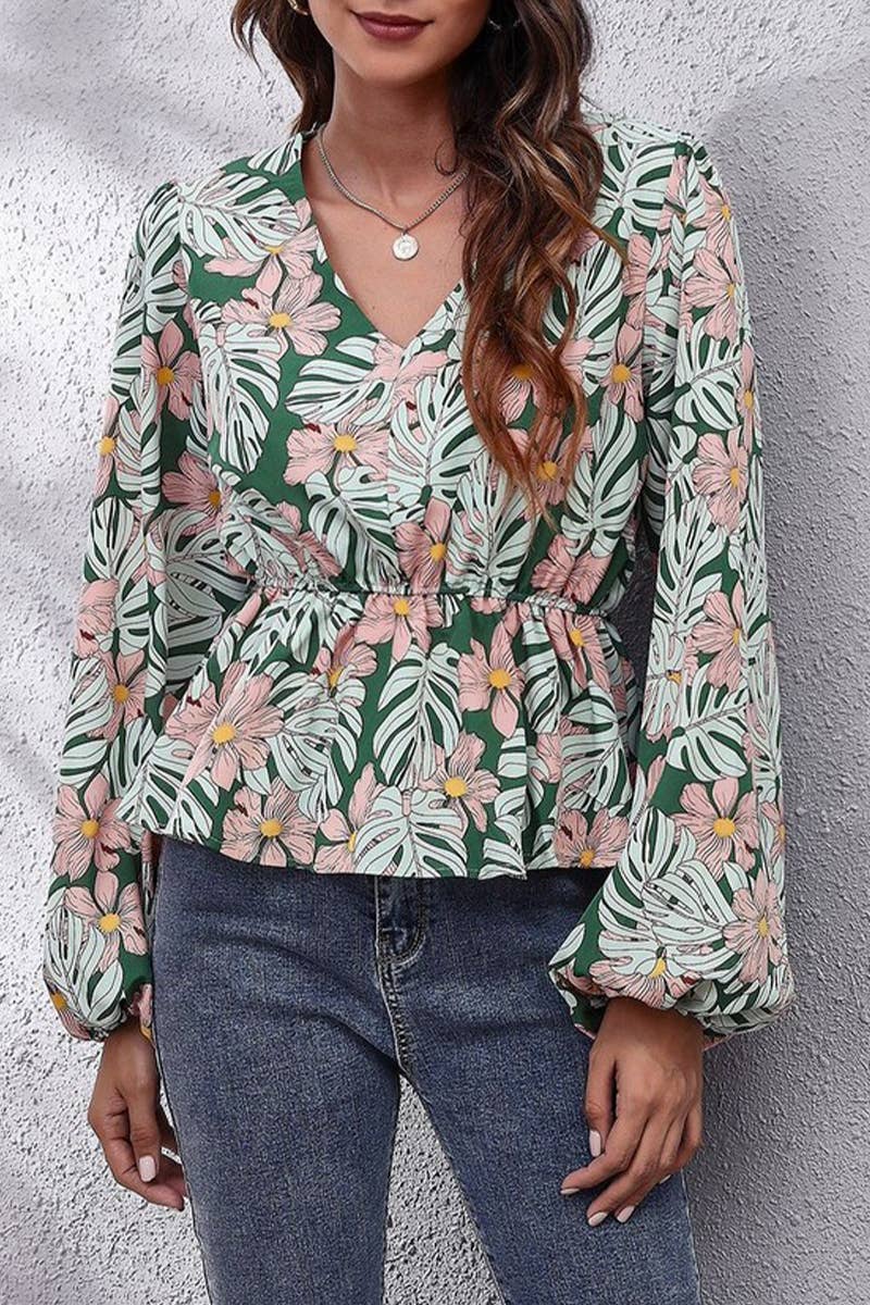 CWTBLL3759_V-NECK LANTERN SLEEVE LEAF PRINT CHIFFON SHIRT