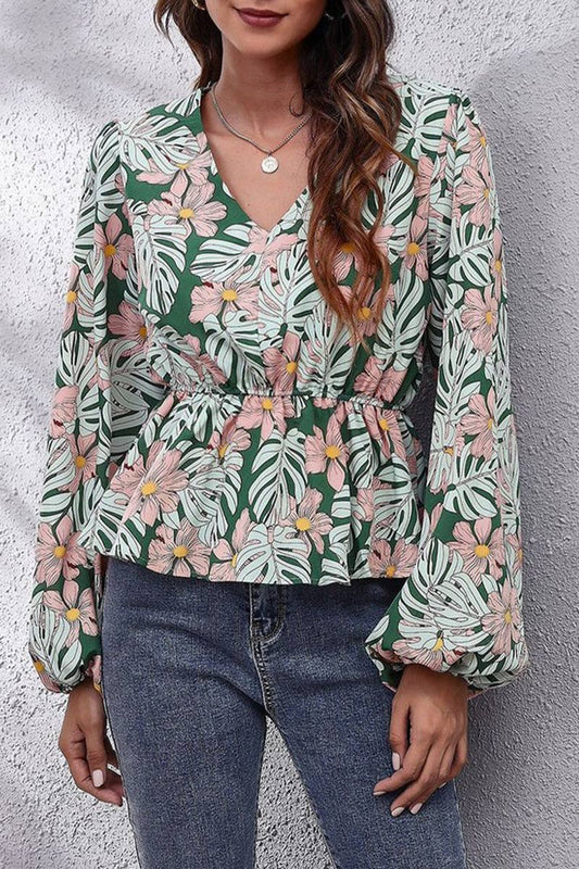 CWTBLL3759_V-NECK LANTERN SLEEVE LEAF PRINT CHIFFON SHIRT