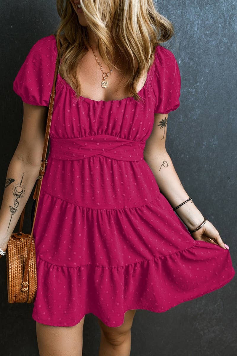 CWDSD5338_SQUARE COLLAR SHORT SLEEVE WAIST DRESS SHORT
