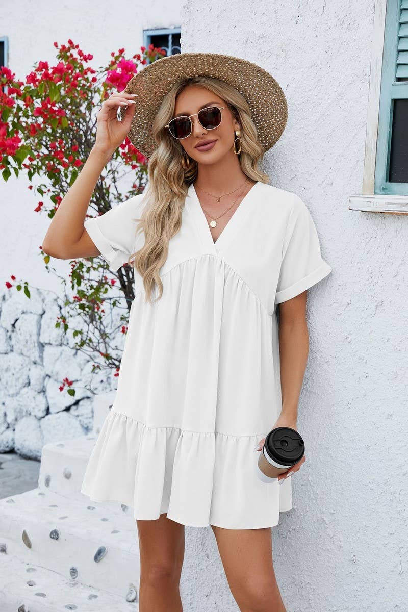 CWDSD3113_V Neck Tiered Short Sleeve Dress