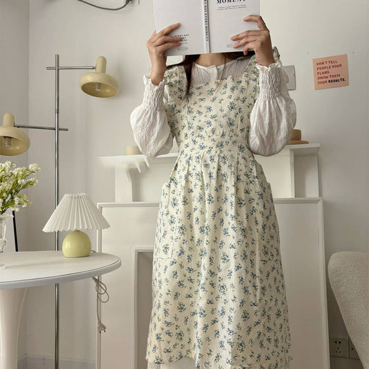 WASHED COTTON AND LINEN RUFFLED FLORAL APRON