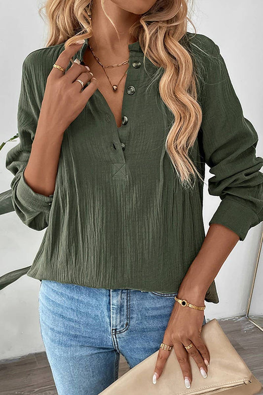 CWTBLL3708_BUTTON V-NECK SOLID COLOR CASUAL PULLOVER SHIRT